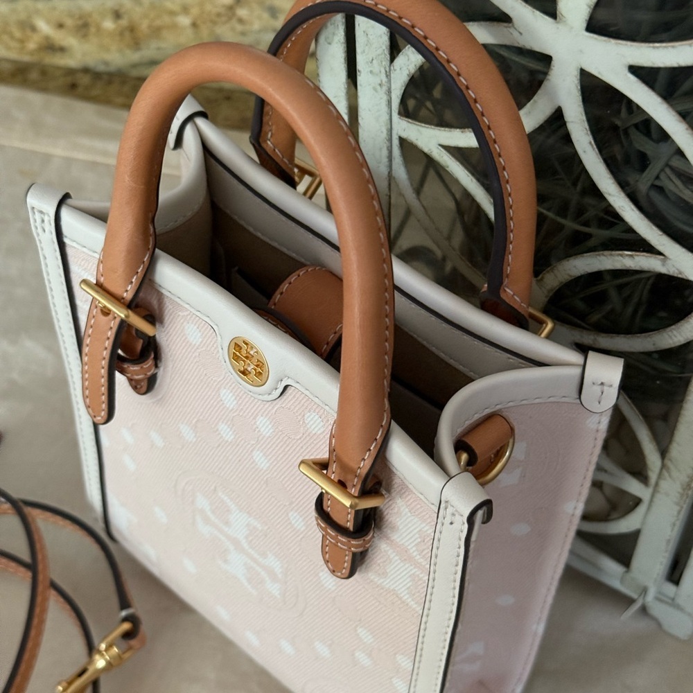 Tory Burch Mini T Monogram Perforated Leather Tote Crossbody, pale pink, NWT - Picture 3 of 11